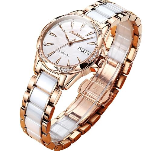 Womens Watch Automatic White Face Ladies Watch Mechanical Waterproof Self-Winding Wrist Watch Rose Gold Pearl Shell Dial Watches Day Date Woman Watches Ceramic Stainless Steel Diamond Watch for Ladies thumbnail 9