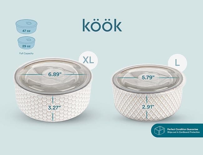 KooK Ceramic Nesting Bowls, with Lids, Serving, Set of 4, Embossed, Kitchen, Prep, Mix, Gift, Housewarming, Microwave and Dishwasher Safe, 10/16/29/47 oz, Narbonne Collection (Ivory) thumbnail 2