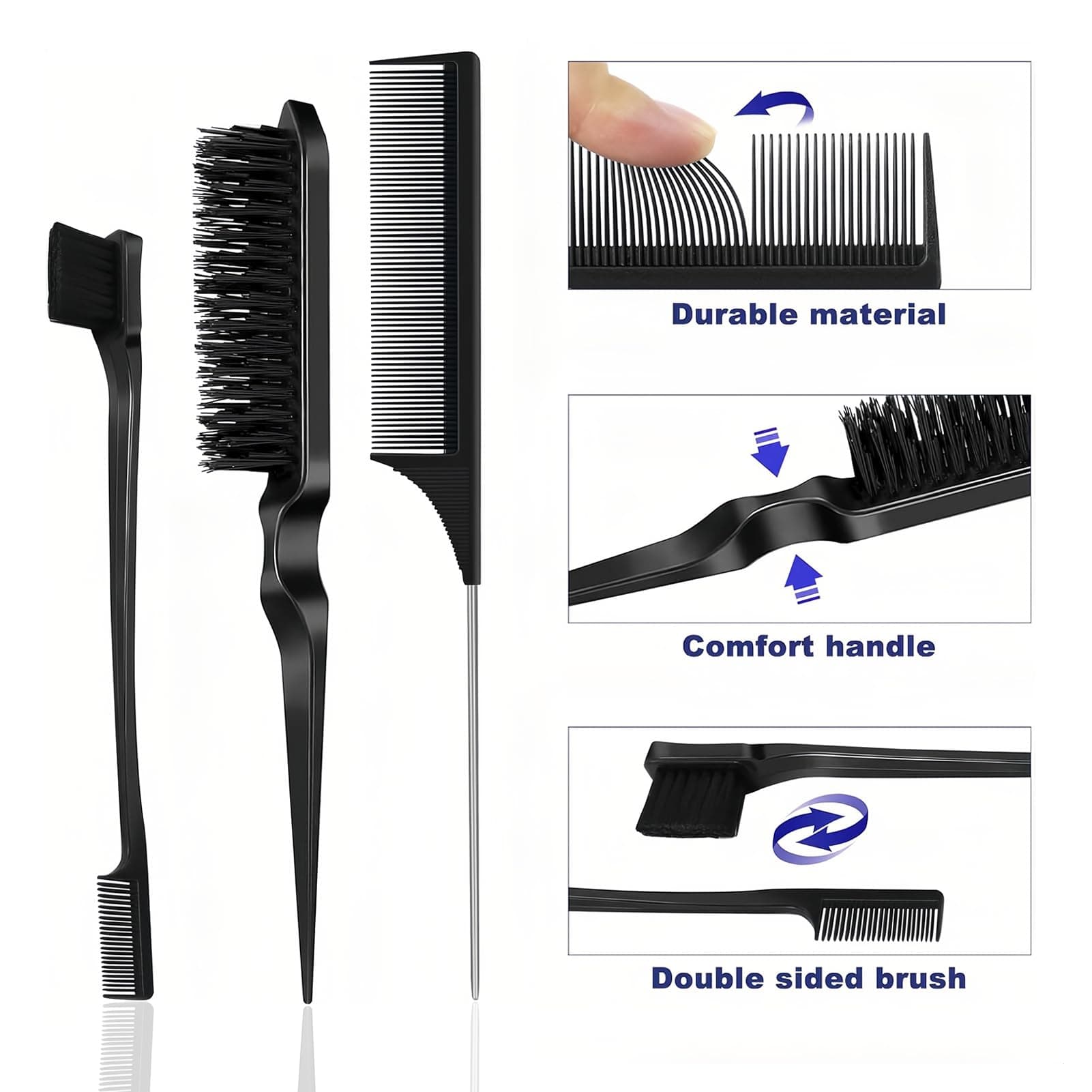 3PCS Hair Brush Set, Slick Back Hair Brush Edges Brush, Rat Tail Comb, Plastic Bristle, Teasing Brush Set for Women Smoothing Hair thumbnail 3