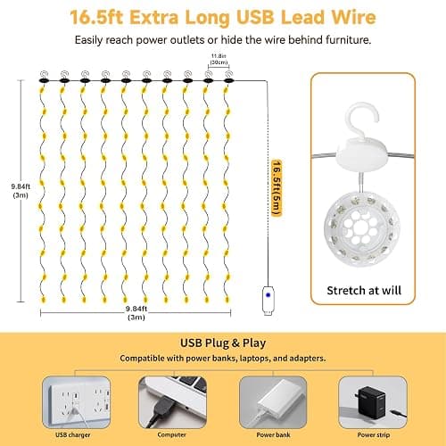 HXWEIYE 300LED Untangled Curtain Lights, 9.8x9.8Ft USB Fairy Twinkle String Lights with Remote and DIY Timer, 8 Modes Window Wall Hanging Light for Bedroom Dorm Backdrop Room Decor, Warm White thumbnail 6
