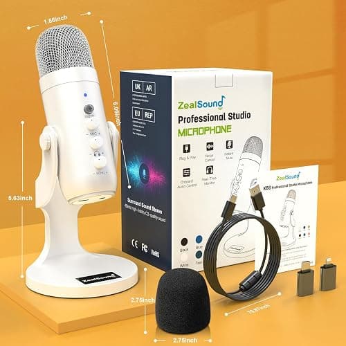 ZealSound USB Microphone,Quick Mute Noise Cancel for Phone Computer PC PS5,Gaming Microphone with Gain Control,Echo Monitor Volume Adjust for Streaming Vocal Recording ASMR Podcast Video K66 White thumbnail 7