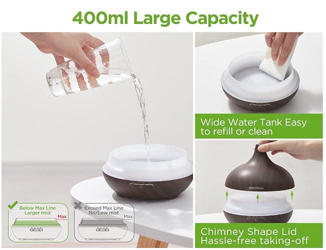 InnoGear Aromatherapy Diffuser & 10 Essential Oils Set, 400ml Diffuser Ultrasonic Diffuser Cool Mist Humidifier with 4 Timers 7 Colors Light Waterless Auto Off for Large Room Office, Dark Wood Grain thumbnail 8