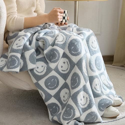 Throw Blankets with Smiley Faces Checkered Reversible Soft Cozy Warm Baby Blanket for Bed Sofa Travel (Grid Smile,Slate Gray,51"x63") thumbnail 5