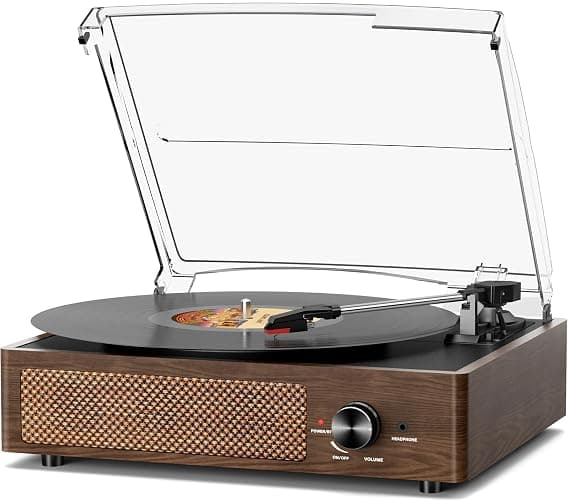 Bluetooth Vinyl Record Player,3-Speed Turntable with Stereo Speakers Vintage Phonograph Record Player, with RCA Line Out AUX in Headphone Jack Coffee Wood - Image 1