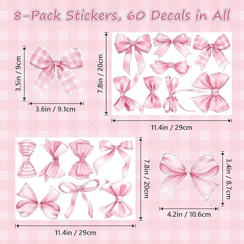 8Sheets 60Pcs Pink Bow Wall Stickers and Decals，Bow Wall Decor for Girls Room Coquette Decor Bow Wallpaper Peel and Stick for Kindergarten Nursery Bedroom thumbnail 2