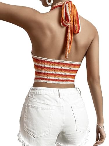 Verdusa Women's Colorblock Striped Crop Halter Top Tie Backless V Neck Going Out Tops Summer Vacation Outfits thumbnail 6