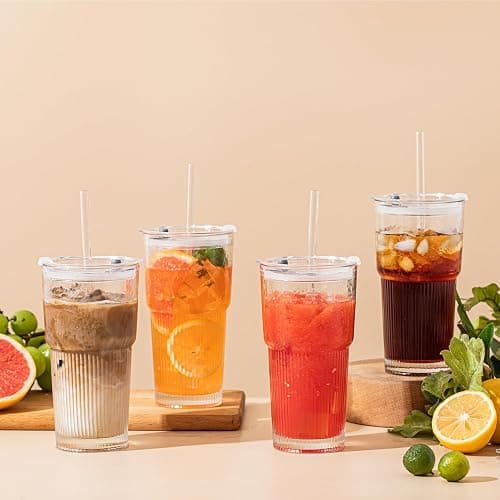 SoulTimes 20oz Glass Tumblers with Lids and Straws, Set of 2 - Stylish Ribbed Design Drinking Glasses for Iced Coffee Cups, Juice, Smoothies, Cold Beverages, Includes Cleaning Brush, Durable Glassware thumbnail 8