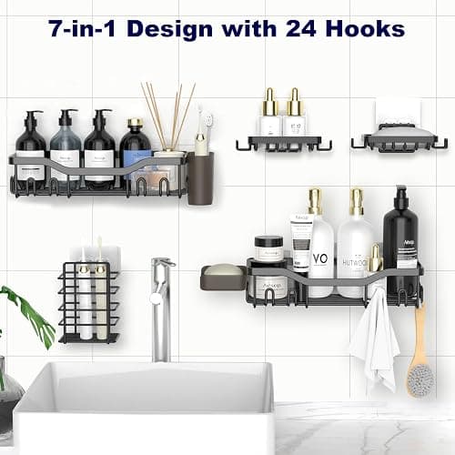 NESOMI Shower Caddy Adhesive Shower Organizer 7-Pack, Rustproof Stainless Steel Bathroom Shelves, Large Capacity No-Drill Rack Storage Accessories with Soap Dish Toothbrush Holder &24 Hooks Home Decor thumbnail 4