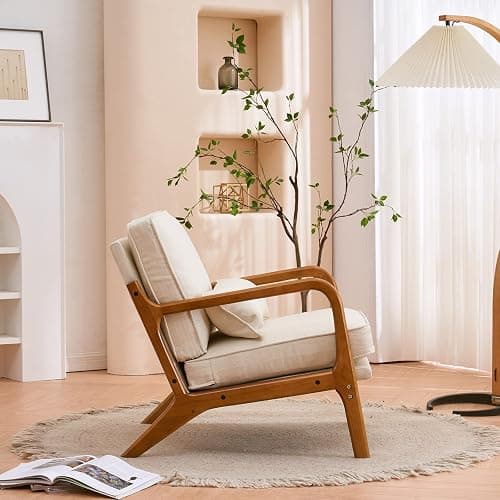 Karl home Accent Chair Mid-Century Modern Chair with Pillow Linen Fabric Upholstered Lounge Arm Chair with Solid Wood Frame & Soft Cushion for Living Room, Bedroom, Balcony, Beige thumbnail 4