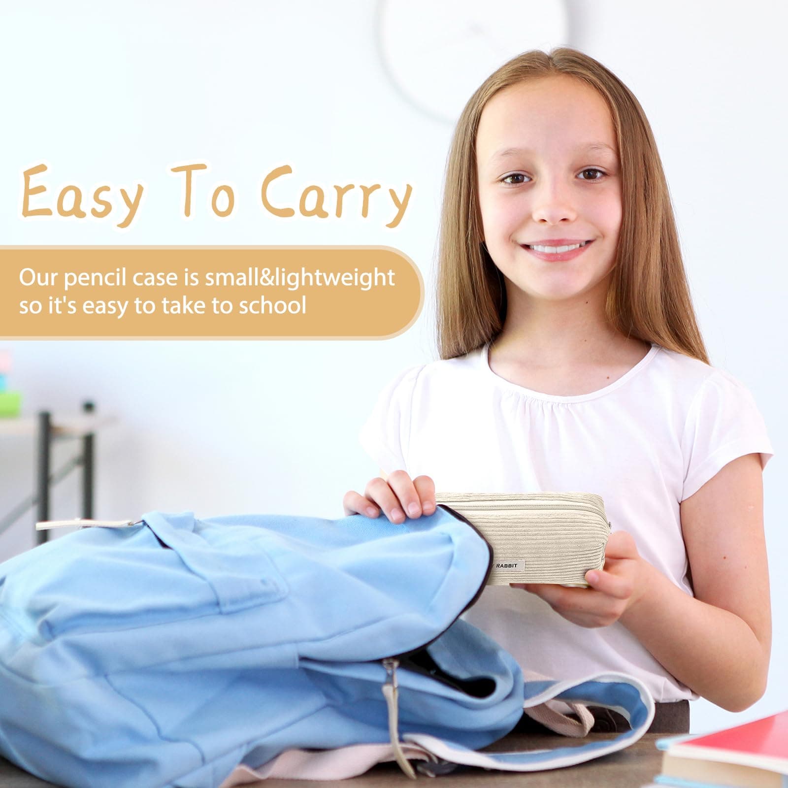 Electri-HQ Pencil Case Corduroy Portable Ribbed Pencil Case with Practical Zip for School, Home and Office, Light, cream, Simplicity thumbnail 6