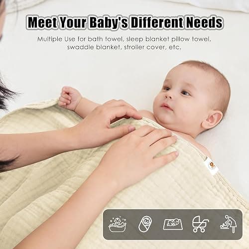 Sunny zzzZZ Muslin Hooded Baby Bath Towels - 3 Pack 100% Cotton Soft Low-Saturation Pastel Towels Including Classic White for Newborns, Infants, Toddlers - 32x32 Inch - Ivory, Brown and White thumbnail 4