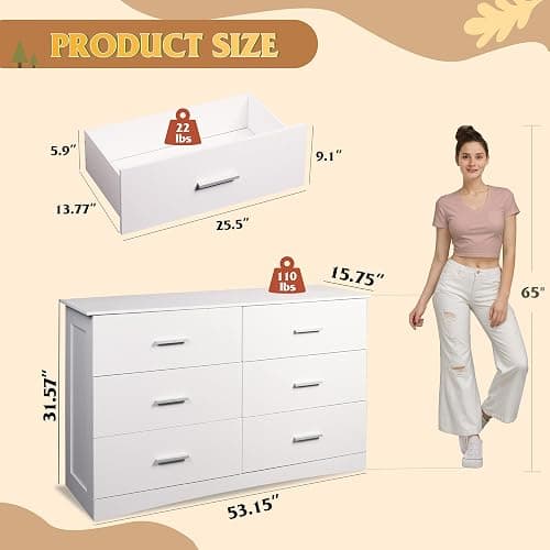 WLIVE White Dresser with 6 Drawers, Wide Wooden Chest of Drawers for Bedroom, Large White Storage Tower Unit, Modern Minimalist Closet Store Organizer for Living Room, Hallway thumbnail 3
