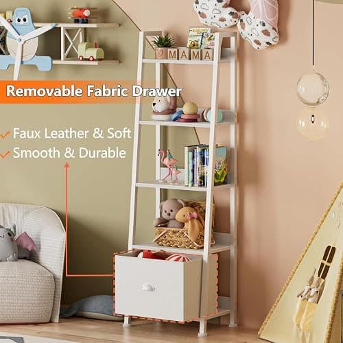 Furologee 5-Tier White Ladder Shelf, Ladder Bookshelf with Removable Drawer, Mordern Bookcase Storage Rack Organizer, Wood Metal Freestanding Storage Shelves for Living Room, Home Office, Bedroom thumbnail 4