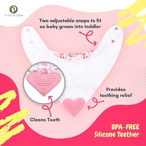 Pickle & Olive Baby Bandana Teething Bibs with Attached Teether- Set of 4 - Floral thumbnail 5