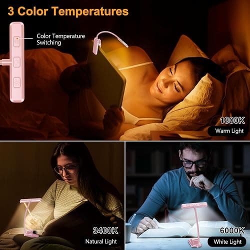 Gritin 19 LED Rechargeable Book Light for Reading in Bed with Memory Function- Eye Caring 3 Color Temperatures,Stepless Dimming Brightness,80 Hrs Runtime Clip on Light for Book Lovers-Pink thumbnail 3