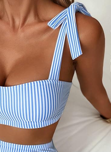 Herseas Women's Tie Shoulder Bikini Sets 2 Piece Striped Swimsuits High Waisted Bathing Suits thumbnail 4