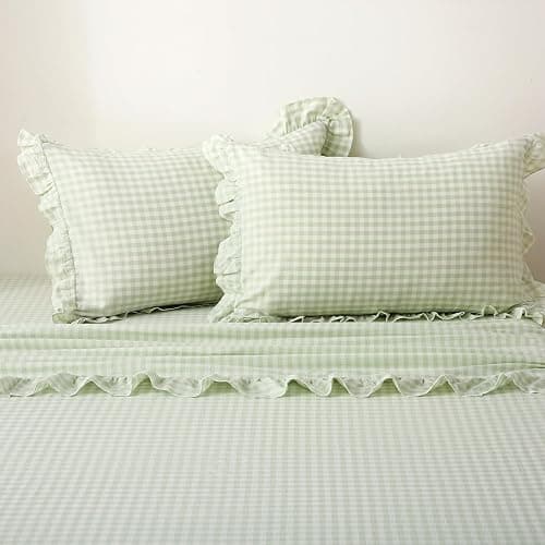 K MASANIJI Pile Green Ruffle Gingham Sheets Twin XL Size 4-Piece Set, 300TC 100% Yarn Dyed Linen Feel Cotton Sheets 18 in Deep Pocket Kids Preppy Decorative Bedding (Pile Green/White Plaid, Twin XL) thumbnail 8