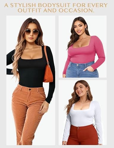 YOGINGO Long Sleeve Square Neck Bodysuits for Womens, Body Suits Tops Going Out Basic Leotards Slim Fitted Outfits Shirt thumbnail 7