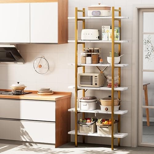 Azheruol 6 Tiers Bookshelf Organizer White Faux Marble Shelf,Modern Open Display Storage Bookcase, and Metal Bookshelf Standing Storage Shelf Tall Shelving Units for Home Office Study thumbnail 4
