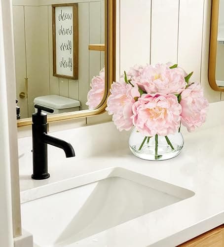 Hollyone Pink Peonies Artificial Flowers with Vase Faux Flowers Peony Fake Flowers Silk Flower Arrangements in Glass Vase with Faux Water for Home Decor Bathroom Table Centerpiece Shelf Decorations thumbnail 2