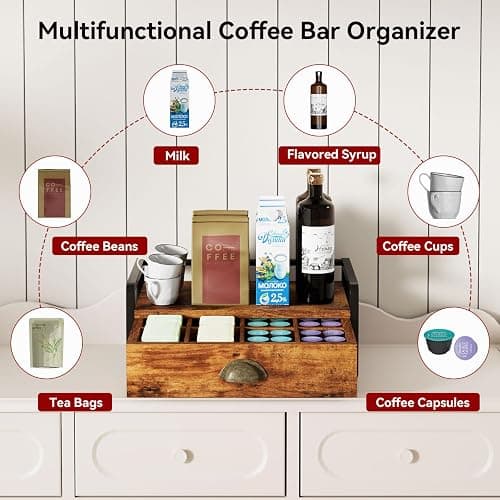 IBUYKE Tea Bag Organizer,Tea Box with Drawer,Brown TCJ004H | Wood Tea Bag Holder for Countertop 2 Tier Tea Station Organizer with Metal Frame for Kitchen Cabinet Coffee Station Office thumbnail 6