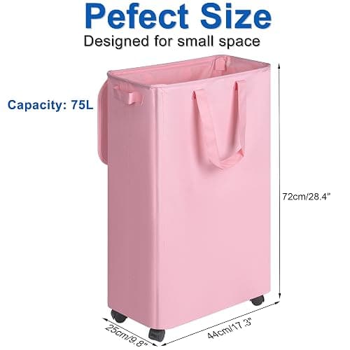 Vincona Slim Laundry Hamper with Lid and Wheels, Small Rolling Laundry Basket with Handle for Small Spaces, Tall Dirty Clothes Hampers for Dorm, Bathroom and Bedroom, 75L, Pink thumbnail 3
