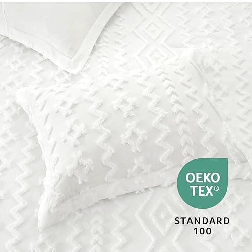 Amélie Home Boho Comforter Set Queen Size, 3 Piece White Boho Bedding Set, Rustic Farmhouse Luxury Gift for Women Home Decor, Soft Cozy Diamond Comforter for All Seasons thumbnail 4