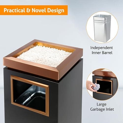 WICHEMI Commercial Outdoor Trash Can, Stainless Steel Indoor Outdoor Trash Can with Lid, Removable Inner Bucket Metal Garbage Can for Home, Office, Restaurant Elevator Entrance - 11.8×11.8×28.4 in - Black & Rose Gold - 11.8×11.8×28.4 in thumbnail 2
