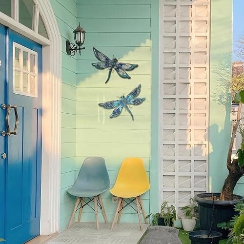 LIFFY Glass Metal Dragonfly Wall Decor Pair - Outdoor Wall Art for Garden and Home - Hanging Decor Gifts for Women, Light Blue thumbnail 7