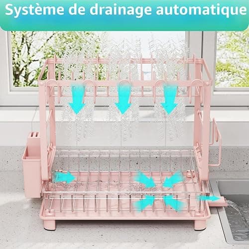 Nfnoyp Égouttoir à Vaisselle Multifonction à 2 Niveaux, antirouille avec égouttoir, ustensiles et Porte-gobelets pour comptoir de Cuisine, Rose thumbnail 4