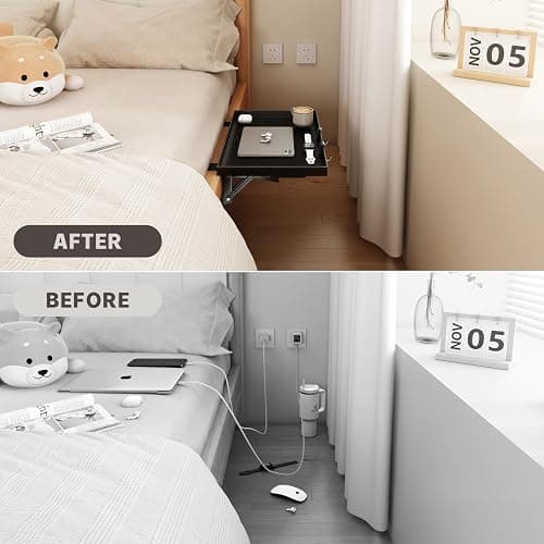 Magheo Bedside Shelf Foldable, Metal Clip-On Bunk Bed Table Shelf for Top Bunk Heavy Duty Bed Side Table Tray for College Dorm Room Essentials, Loft Nightstand Organizer Tray with 1 Cord Hole(Black) thumbnail 7