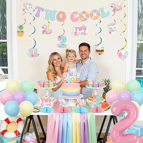 Funmemoir Two Cool Pool Birthday Party Decorations for Girls 2nd Birthday, Macaron Color Backdrop Banner Cake Topper Balloons Honeycomb Centerpieces for Summer Swimming Beach Theme Party thumbnail 4
