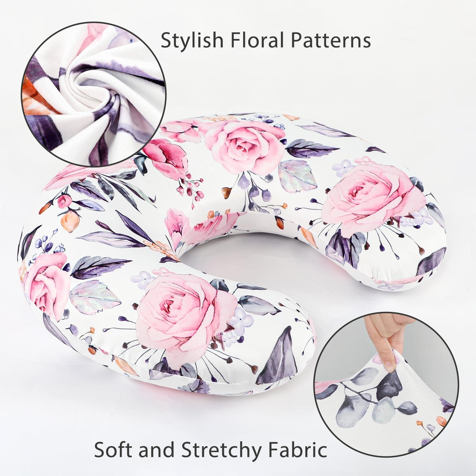 Nursing Pillow Cover Breastfeeding Pillow Slipcover for Moms Soft Breathable Organic Knit Fabric Newborn Infant Feeding Pillow Covers for Baby Girl Boy, Stylish Floral, Pink thumbnail 2