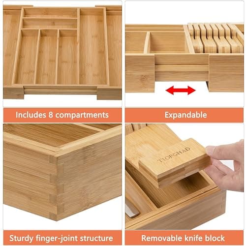 TIOPGHAD Bamboo-Silverware-Drawer-Organizer-Kitchen, Expandable Utensil Holder Cutlery Tray Flatware Organization Adjustable Wood Tableware Dividers Storage (with Removable Knife Block)(Natural) - Natural - Large thumbnail 5