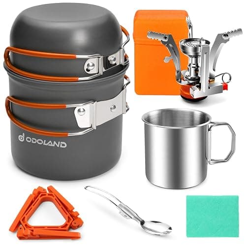 Odoland 8pcs Camping Cookware Mess Kit, Camping Pot and Pan Set with Mini Backpacking Stove, Stainless Steel Cup, Spork and Tank Bracket, Cooking Gear for Outdoor, Hiking, Picnic, Campfire - Image 1