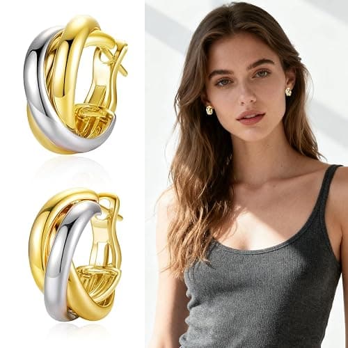 1Sets Mixed Metal Earrings,Two Tone Silver and Gold Hoop Earrings, Intertwining Small Circle Huggie Lightweight Twisted Hoop Earrings for Women Trendy thumbnail 2