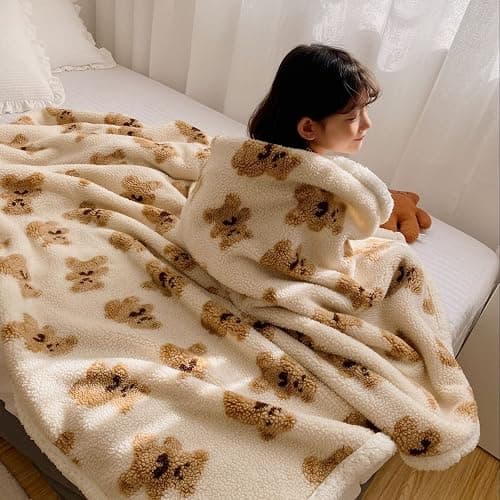 HOKMAH Cute Bear Fleece Thick Warm Blanket for Winter, Kawaii Bear Sherpa Throw Blanket for Sofa, Cozy Luxury Plush Bed Blankets (White,28x40) thumbnail 3