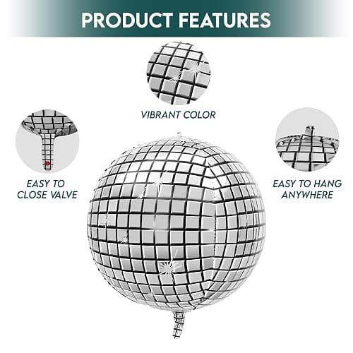 Inflatable Disco Ball Balloons Pack of 14 - 22” Silver Mylar Foil Disco Party Balloons with Star Balloons, Ribbon & Pipe for New Year's Disco Ball Decorations Party, Bachelorette, Birthday Décor thumbnail 4