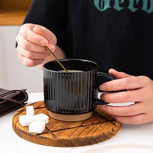 GBHOME 12OZ Stackable Coffee Mugs, Ceramic Coffee Mugs with Texture Patterns for Man,Woman,Dad,Mom, Modern Coffee Mugs Set of 4 for Latte/Cappuccino/Cocoa. Dishwasher&Microwave Safe, Black thumbnail 4