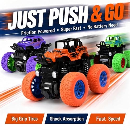 Monster Trucks for Boys, 4 Pack Pull Back Vehicles Cars for Toddlers, 360° Rotation 4 Wheels Drive Durable Friction Cars Powered Push and Go Toys Truck Playset Gift for 3 4 5 6 7 8 Year Old Kids Girls thumbnail 4