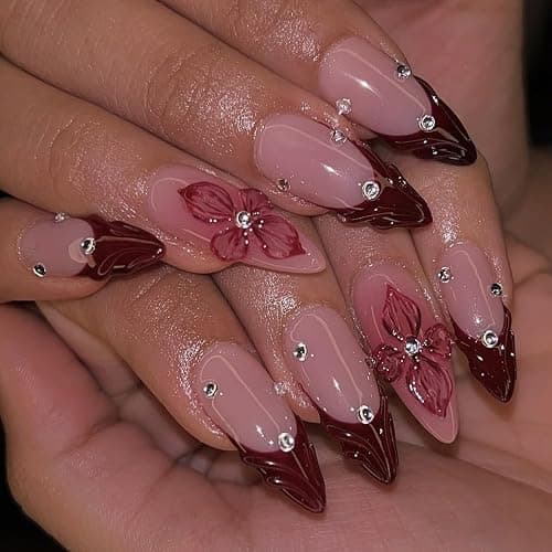LPOODDNU Red French Tip Press on Nails Almond - Medium Flower Fake Nails with 3D Crystal Diamond Designs, Glossy Finished Reusable False Nails with Glue Tabs - 24Pcs Nail Kit for Women Manicure thumbnail 2