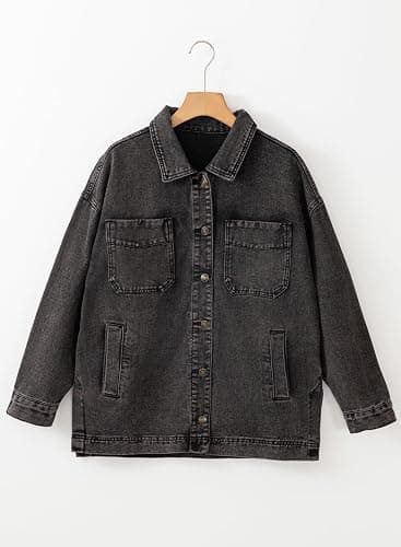Sidefeel Women's Jean Jacket Oversized Boyfriend Button Up Long Sleeve Split Zimbaplatinum Denim Jackets thumbnail 4