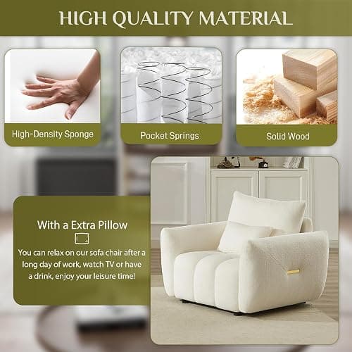 Wrofly Boucle Cloud Single Sofa Chair, Deep Seat with Pillow, Beige White | Deep-seat boucle chair with pillow, metal trim, sturdy frame (250lb), easy assembly. Great for living room thumbnail 3