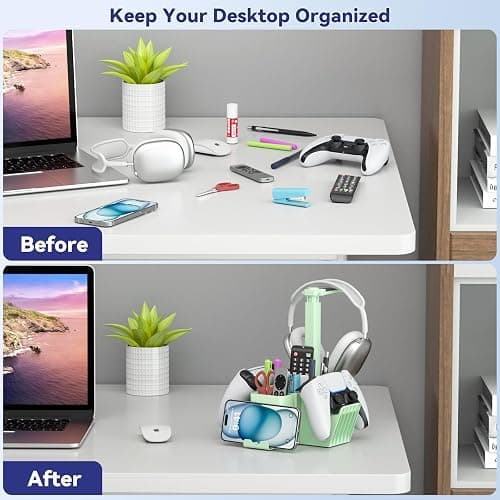 KDD Dual Controller Holder with Headphone Stand - Multi-Functional Desk Storage Box with Phone Holder - Universal Controller Stand with Desktop Organizer for Remote Control Pen Accessories(Green) thumbnail 7