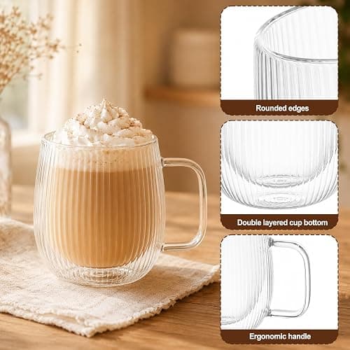 Set of 4 Double Walled Glass Mug Set, 350ml Double Walled Insulated Drinking Glass Coffee Mugs with Handle, Insulated Layer Coffee Cups, Clear Glass Mugs for Latte, Cappuccinos, Tea Bag, Juice thumbnail 4
