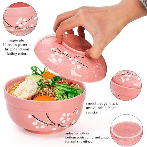 Goaste 2 Pack Ceramic Ramen Noodle Bowl, 27 OZ Big Ramen Bowl with Lid, Japanese Hand-Painted Ceramic Tableware, Durable Floral Soup Bowl for Noodles, Porridge, Rice, Dishwasher Safe(Pink, Cyan Blue) thumbnail 5