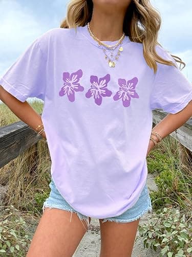 Oversized Graphic Tshirt for Teens Women Cute Floral Ocean Print Baggy Tops Summer Beach Vintage Aesthetic Coastal Tee thumbnail 4