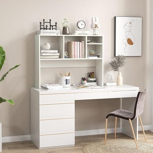 Giantex Desktop Bookshelf, Countertop Storage Hutch with 4 Shelves for Computer Desk, Dressing Tabletop Display Rack, Multipurpose Desk Hutch Storage Organizer for Home Office Dorm, White thumbnail 7