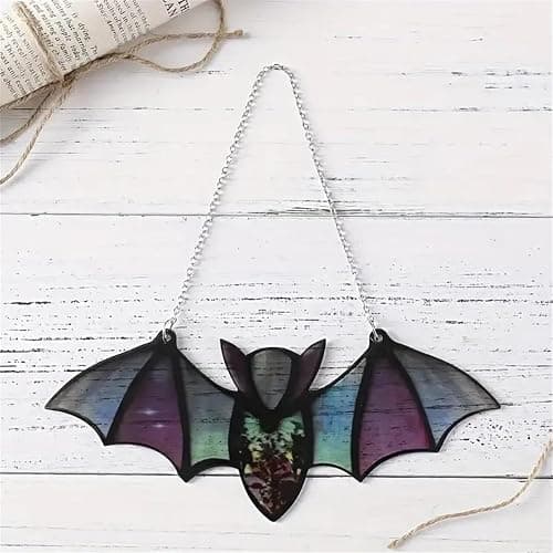 Muloo Halloween Bat Stained Glass Window Hanging Acrylic Bat Wall Hangings Decoration Art, approx 20x8.5cm/7.87x3.35in, Green thumbnail 2