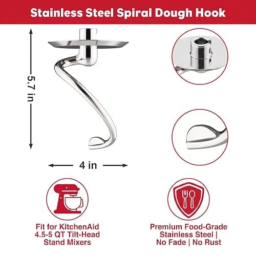 HOZODO Spiral Dough Hook for KitchenAid 4.5/5 Quart Tilt-Head Mixers | Stainless Steel Kneading Hook for Bread, Pizza, Pasta & Cookies, Kitchen Aid Accessories and Attachments thumbnail 3